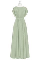 Elegant Sage Green Ruffled A-Line Long Bridesmaid Dress