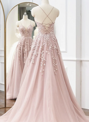 Pink Tulle With Lace Straps Long Party Dress, Pink Tulle Prom Dress Evening Dress