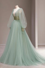 Green V-Neck Tulle Long Prom Dress, Long Sleeve Evening Dress