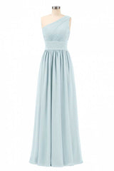 Dusty Blue Chiffon One-Shoulder Banded Waist Bridesmaid Dress