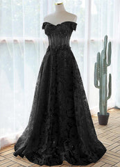 A-Line Off Shoulder Black Tulle With Lace Party Dress, Black Long Prom Dress