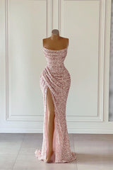 New Arrival Pink Sequins Sleeveless Evening Dresses With Split