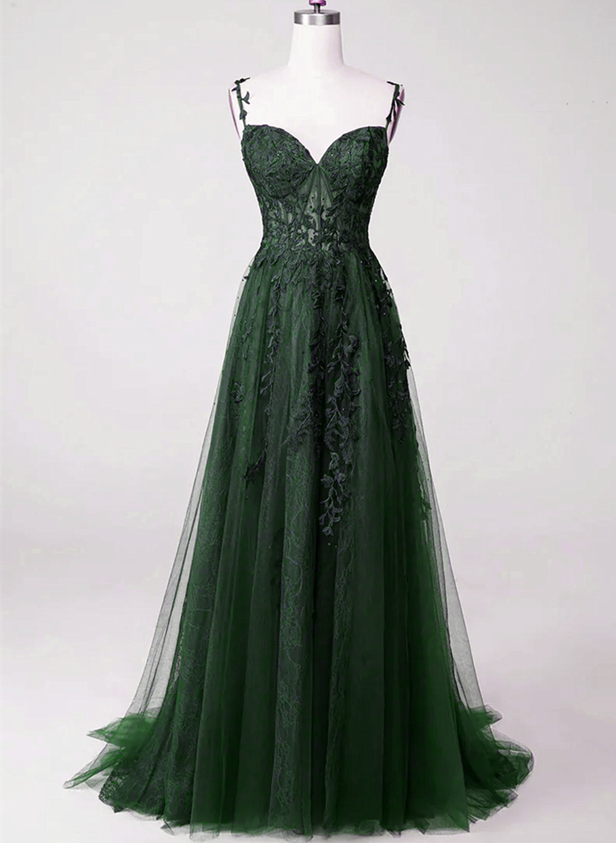 Dark Green Tulle With Lace Beaded Straps Prom Dress, Green Long Formal Dress Party Dress