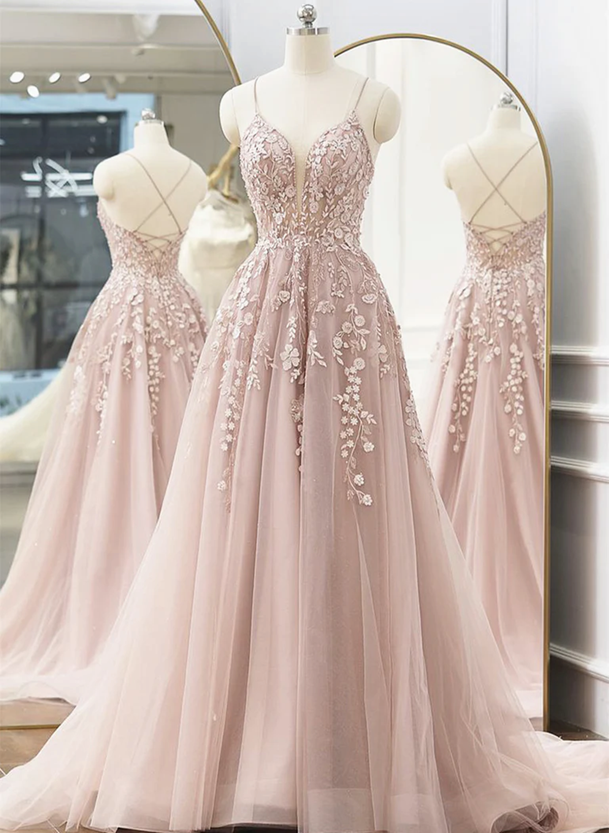 Pink Tulle With Lace Straps Long Party Dress, Pink Tulle Prom Dress Evening Dress