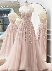 Pink Tulle With Lace Straps Long Party Dress, Pink Tulle Prom Dress Evening Dress