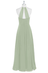 Sage Green Chiffon Halter Backless Long Bridesmaid Dress