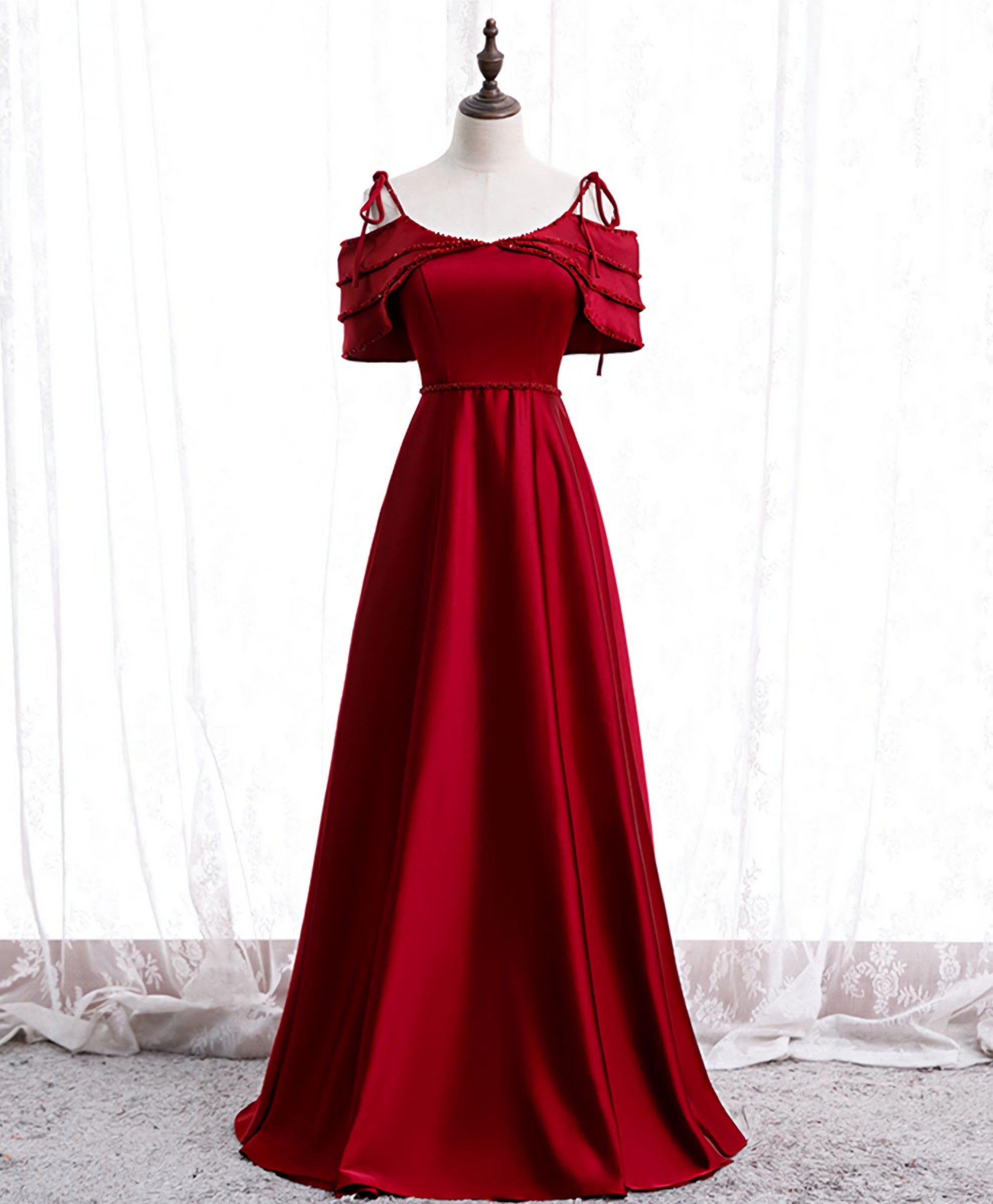 Burgundy Satin Beads Long Prom Dress, Burgundy Evening Dress