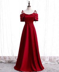 Burgundy Satin Beads Long Prom Dress, Burgundy Evening Dress