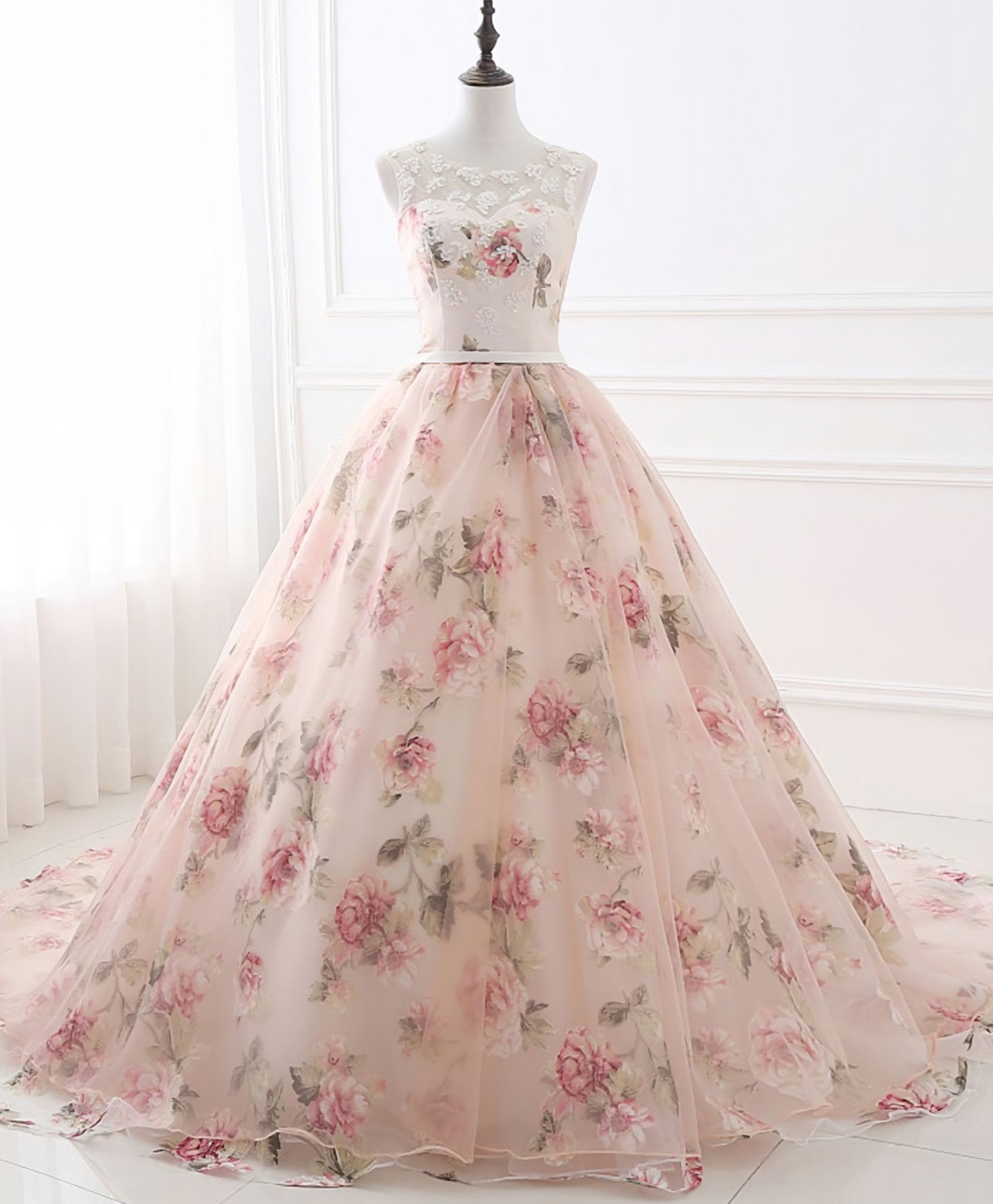 Pink Round Neck Tulle Lace Long Prom Dress, Pink Long Evening Gown