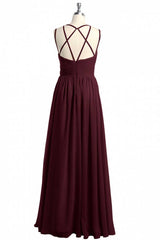 Burgundy Chiffon Spaghetti Straps A-line Long Bridesmaid Dress