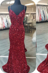 Mermaid Red Sequin V-Neck Lace-Up Back Prom Dress