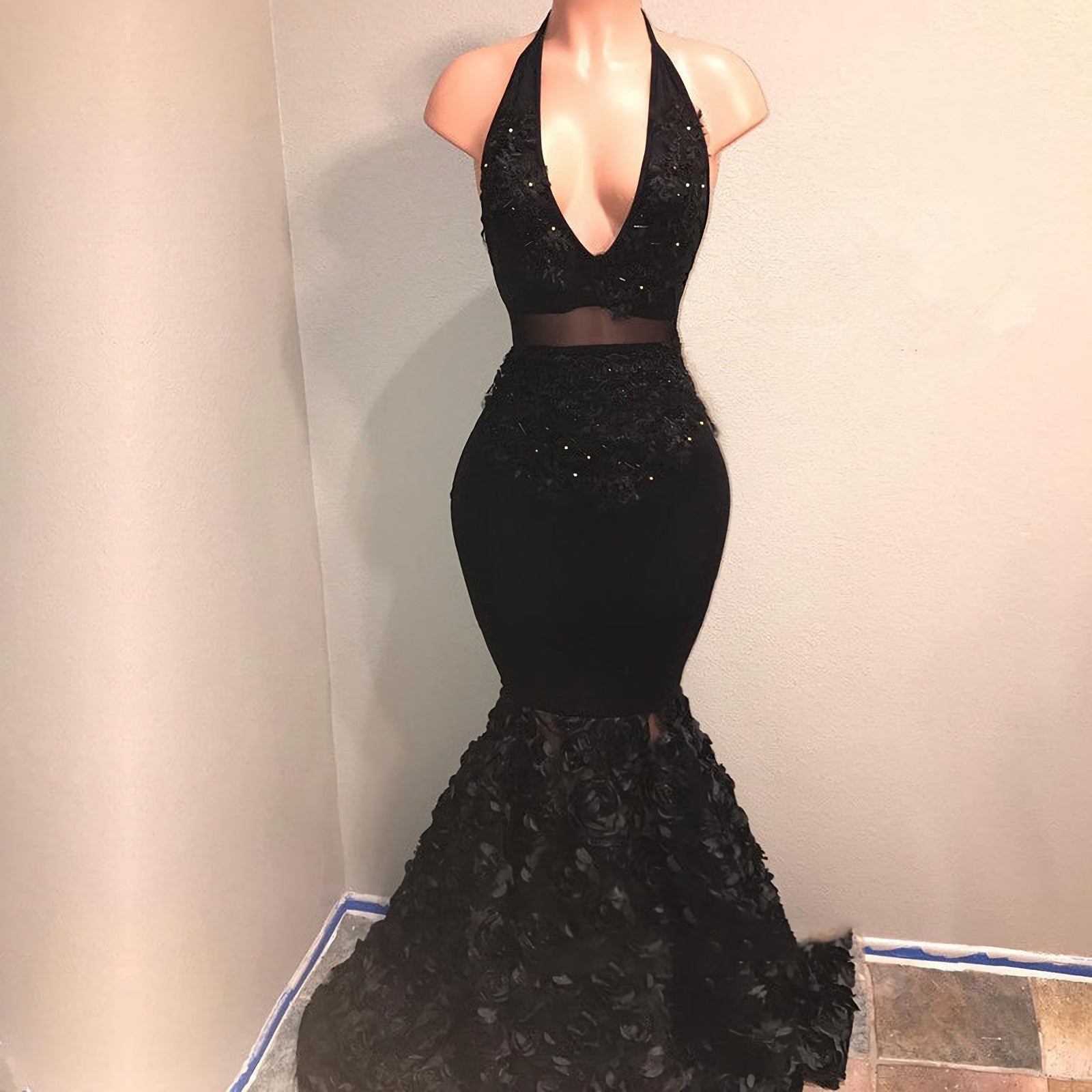 Black Mermaid Deep V Neck High Waist African Backless Prom Dresses