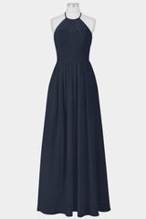 Elegant Navy Blue Chiffon A-line Long Bridesmaid Dress