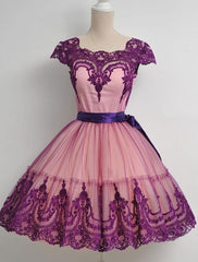 Square Neck Fuchsia Cap Sleeve A Line Appliques Lace Ribbon Trim Homecoming Dresses