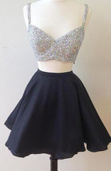 V Neck Two Pieces Sleeveless Rhinestone Sparkle A Line Pleated Chiffon Homecoming Dresses