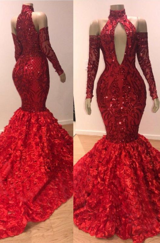 Charming Mermaid High Neck Red Long Sleeves Hollow Out Open Front Lace Prom Dresses 2024