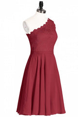 One-Shoulder Burgundy Lace A-Line Short Bridesmaid Dress