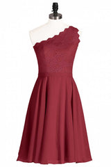 One-Shoulder Burgundy Lace A-Line Short Bridesmaid Dress