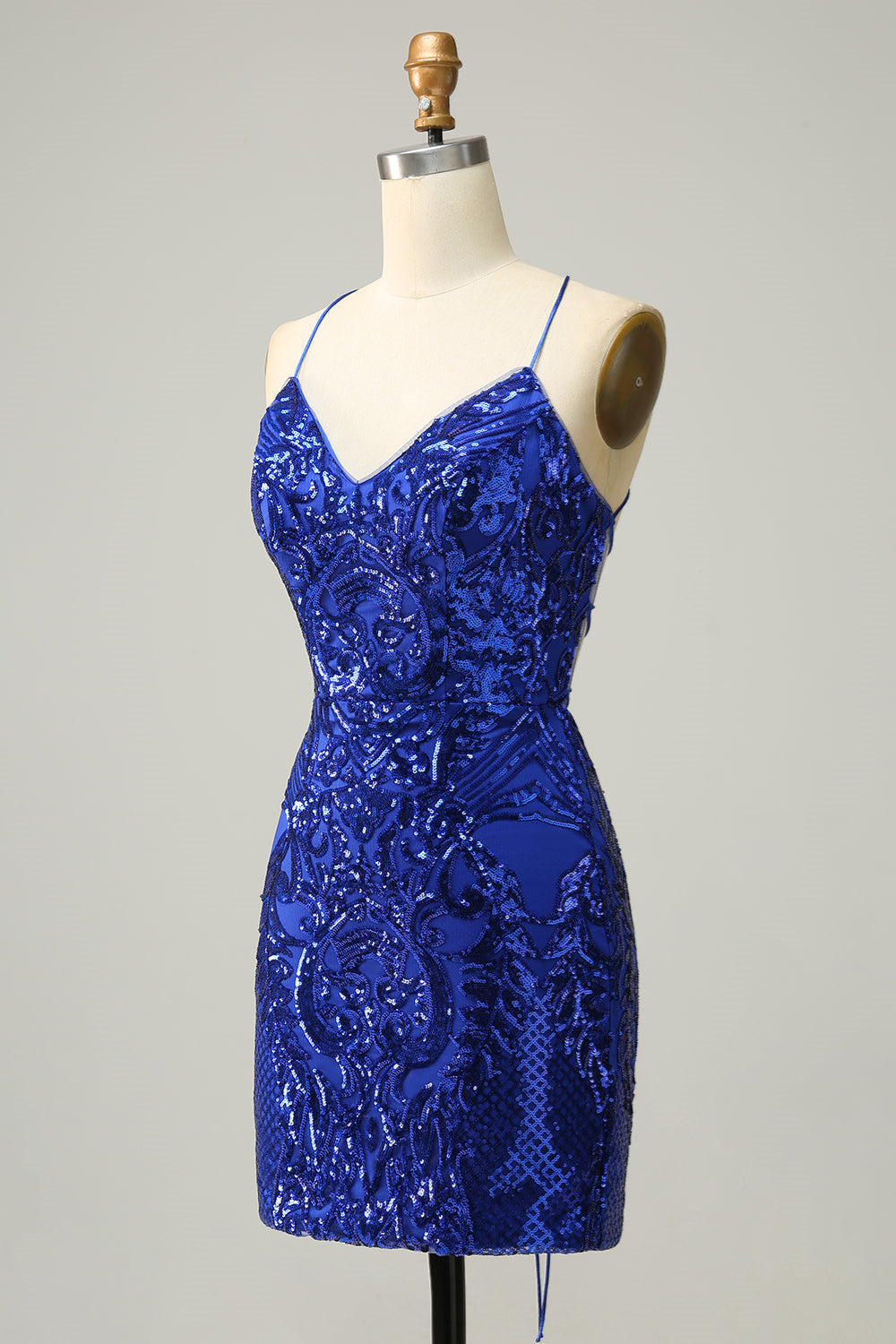 Royal Blue Sheath Lace-Up V Neck Sequins Homecoming Dress