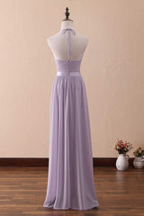 Lilac Halter Open Back Ruffled Long Bridesmaid Dress