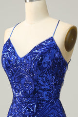 Royal Blue Sheath Lace-Up V Neck Sequins Homecoming Dress