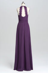 Purple Halter A-line Pleated Long Bridesmaid Dress