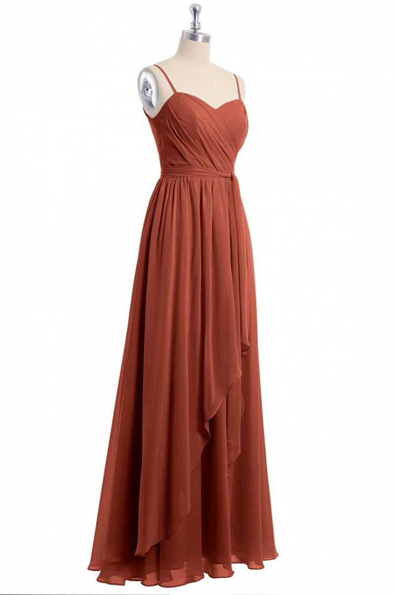 Rust Orange Spaghetti Straps Sweetheart Ruffled Long Bridesmaid Dress