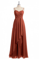 Rust Orange Spaghetti Straps Sweetheart Ruffled Long Bridesmaid Dress