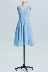 Blue Chiffon A-line Pleated Short Bridesmaid Dress