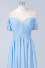 Blue Off the Shoulder Pleated Chiffon Long Bridesmaid Dress