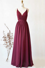 Magenta Chiffon V-Neck Spaghetti Straps Long Bridesmaid Dress