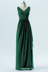 Hunter Green Chiffon Pleated Long Bridesmaid Dress