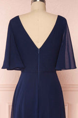 Navy Blue Chiffon V-Neck Ruffled Sleeve Long Bridesmaid Dress