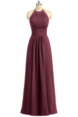 Burgundy Chiffon Halter Long Bridesmaid Dress with Lace Strap