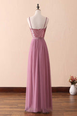 Dusty Purple Sequin Spaghetti Straps A-Line Long Bridesmaid Dress