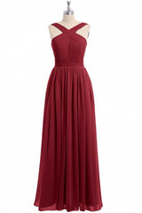 Red Chiffon Cross-Front A-Line Long Bridesmaid Dress