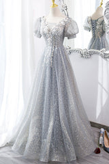 Gray Tulle Lace Long Party Dress, A-Line Evening Dress