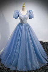 Blue V-Neck Tulle Beading Long Prom Dresses, Blue Short Sleeve Evening Dresses