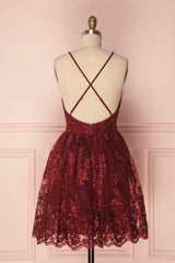 Burgundy V-Neck Lace Short Backless Prom Dress, Cute Lace Party Dress