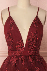 Burgundy V-Neck Lace Short Backless Prom Dress, Cute Lace Party Dress