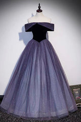 Purple Velvet Tulle Long Prom Dresses, A-Line Off the Shhouler Evening Dresses