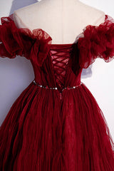 Burgundy Tulle Long Prom Dresses, A-Line Off the Shoulder Evening Party Dresses