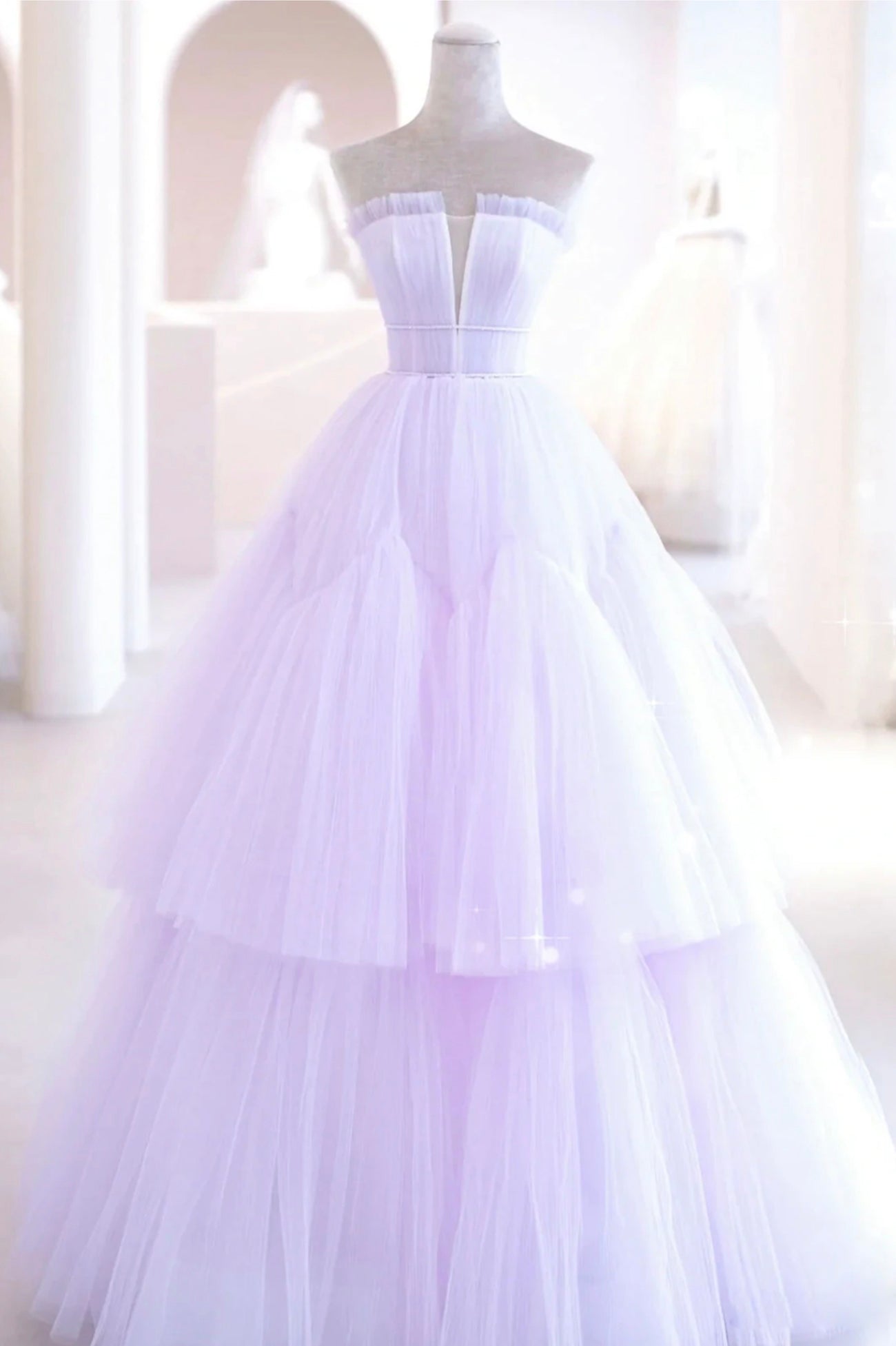 Purple Strapless Tulle Long Formal Gown, Purple A-Line Evening Dress