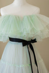 Green Tulle Floor Length Prom Dress, A-Line Off Shoulder Evening Dress