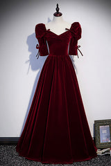 Burgundy Velvet Long Prom Dresses, A-Line Short Sleeve Evening Dresses