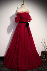 Burgundy Tulle Long Prom Dresses, A-Line Evening Dresses