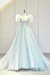 Lovely Puff Sleeve Tulle Formal Evening Gown, A-Line Long Prom Dress