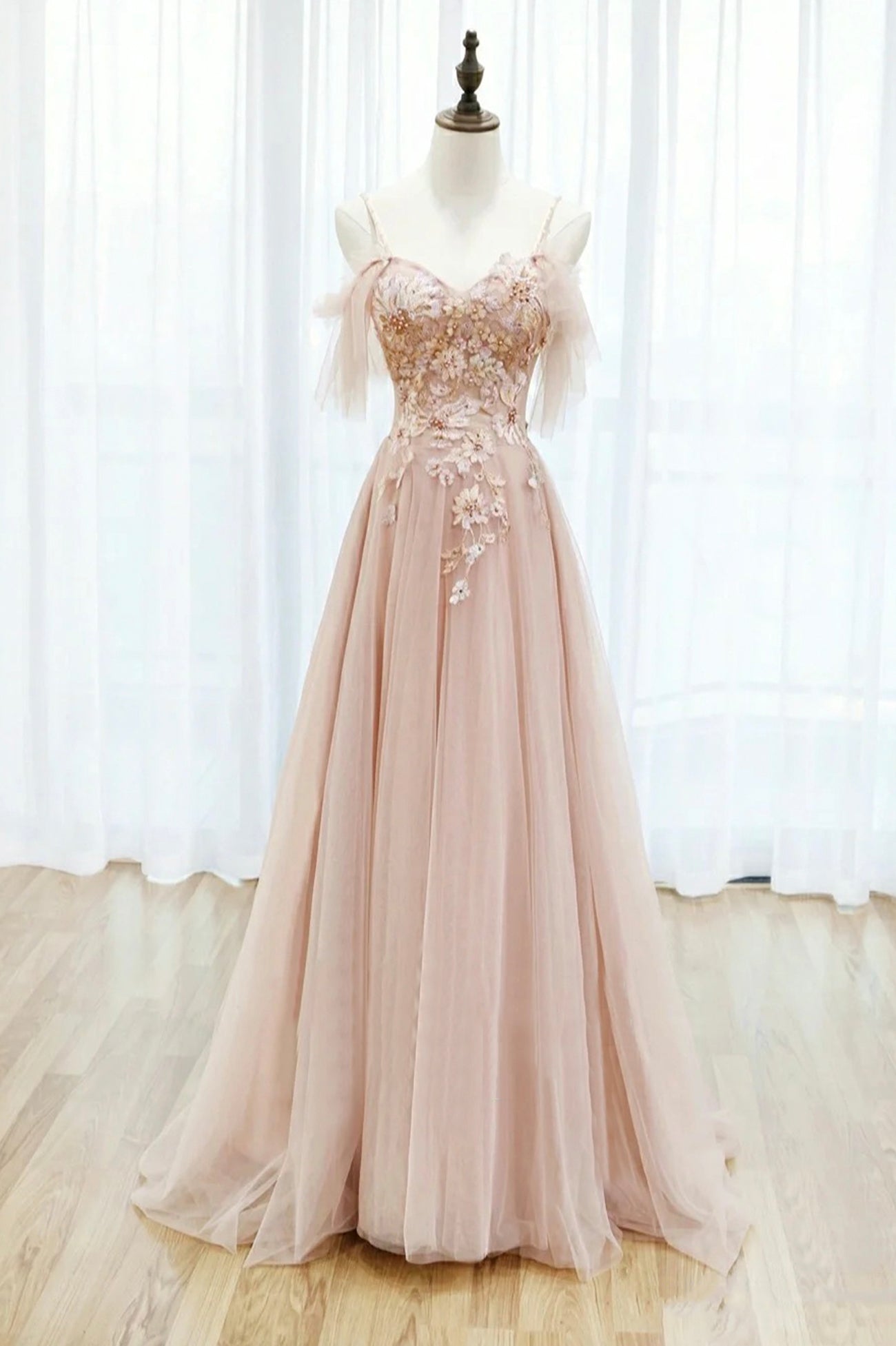 Pink Tulle Lace Long A-Line Prom Dress, Spaghetti Strap Formal Evening Dress