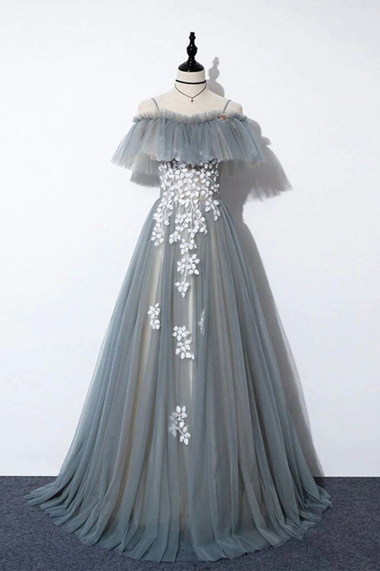 Gray Tulle Lace Long Prom Dress, A-Line Evening Dress