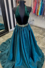 A-Line Velvet Tulle Long Prom Dresses, V-Neck Evening Dresses